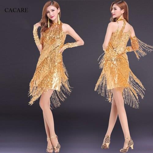 CACARE Latin Dance Dress Women Samba Salsa Tango Dance Dress Flapper D0045 Gold with Sequins Tassels Necklace Gloves