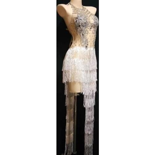 Shining Diamonds Mesh Perspective Women Dress Silver Tassel Evening Prom Outfit Nightclub Stage Performance Costume