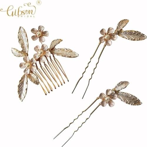 Gold Enamel Leaf Flower Bridal Hair Comb Pin Women Wedding Accessories Baby Shower Jewelry