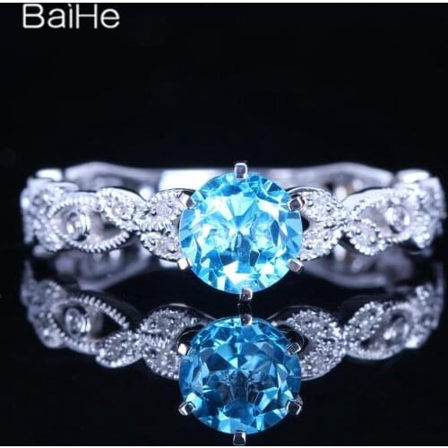 BAIHE Solid 14K White Gold 1.179CT Genuine Blue Topaz Flawless Blue Cushion Wedding Women Fine Jewelry Leaf Blue Topaz Ring