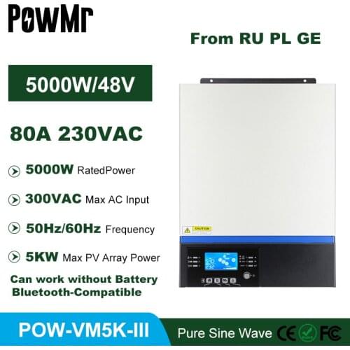 Bluetooth 5000W Solar Inverter 230V 48V 80A MPPT Charger Pure Sine Wave 60A Battery Charger 500Vdc PV Input LCD Control Panel