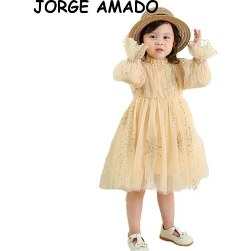 2020 Autumn Girls Dress Pearl Sequins Lace Long Sleeve Princess Kids Dresses for Girls Children Clothing E2235