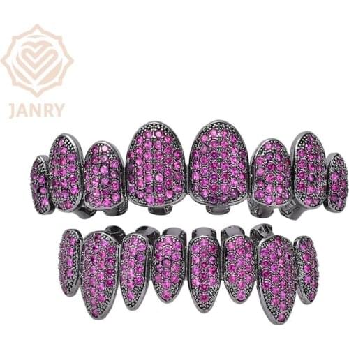 JANRY New Fit Colors Micro Pave Cubic Zircon Top&Bottom Teeth Grillz HipHop Grills For Women Men Gifts