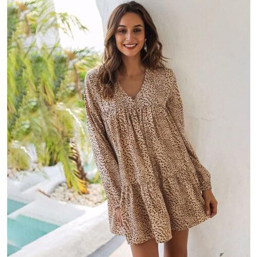 Summer Mini Dress 2021 Woman Casual Loose Sexy V-neck Long Sleeve Print Leopard Elegant Party Dresses For Women Robe Femme
