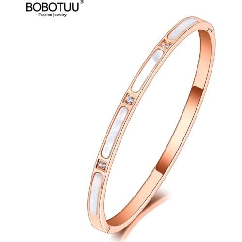 BOBOTUU Luxury CZ Crystal 4mm Cuff Bangles For Women White Shell Titanium Stainless Steel Bracelets Jewelry For Women BB20185