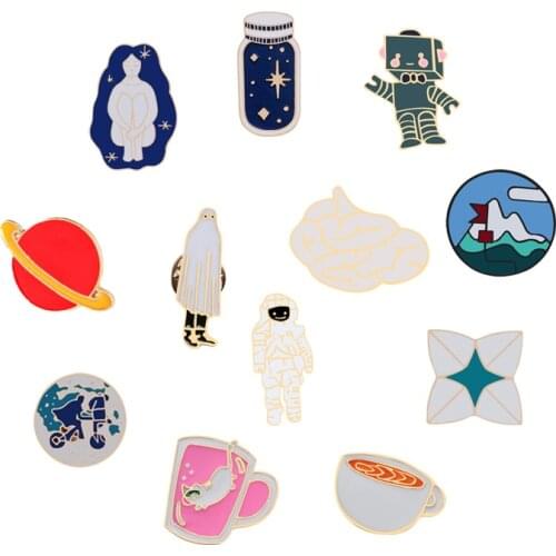 Cute Pins Cartoon Cup Planet Toy Wishing Bottle Woman Robot Astronaut Enamel Pin Brooch Coat Packet Metal Badge Brooches Jewelry