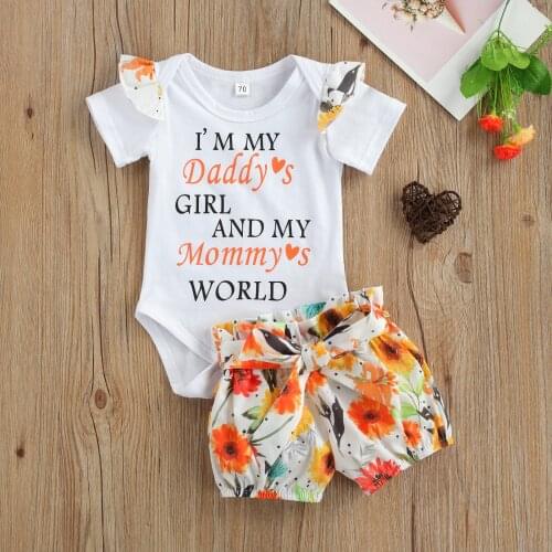 Cute Baby Girls 2PCS Summer Outfits Suit Cotton Ruffle Short Sleeve Letter Print Bodysuit+Floral Shorts Clothe Set For Toddler