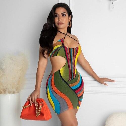 Multi Color Blocked Irregular Spaghetti Straps Bodycon Slim Fit Dress Fashion Streetwear Summer Sexy Print Hollow Out Mini Dress