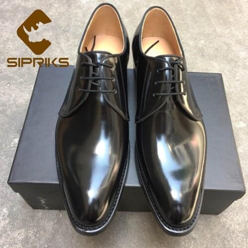 SIPRIKS Mens Shiny Leather Shoes Imported Italian Calf Leather Black Dress Derby Shoes Pointed Toe Sewing Welted Oxfords 2018