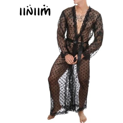 Men Dot Pattern Exotic Nightwear See-through Mesh Lace Trim Kimono Bathrobe Belted Night-Gown with Lace-up G-string Babydolls