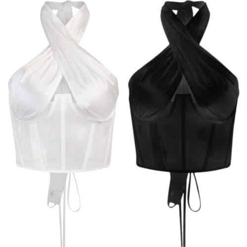 MXMA Women Sexy Cross Halter Backless Crop Top Cutout Sheer Mesh Slim Corset Camisole Crisscross Lace-Up Back Bustier Vest