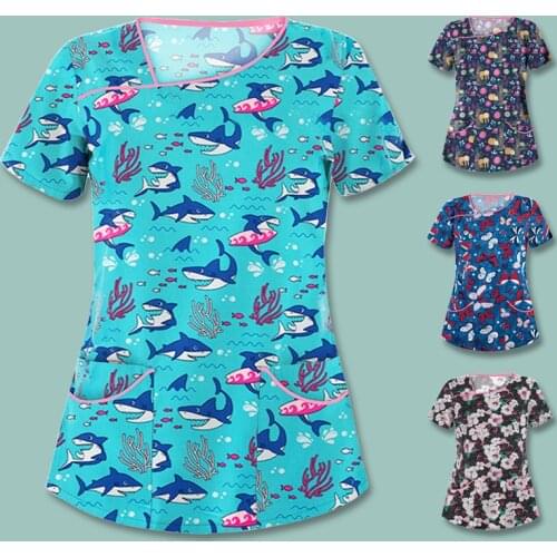 New Cute Cartoon Print Female Nursing Frosted Top T-shirt Casual Short-sleeved Frosted Uniform Nurse V-neck Pocket Clothes
