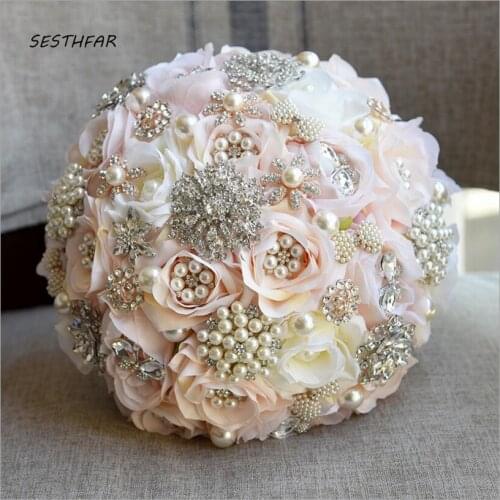 New Silk Wedding Bouquet Wedding Flowers Rhinestone Jewelry Blush Pink Bouquet Gold Broach Bridal Wedding Dress SPH069