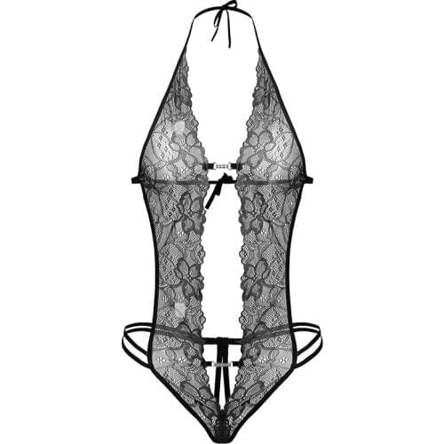 Crotchless Sexy Lace Teddy Nightwear Halter Open Back Women Body Dentelle Femme Transparent Hollow Tempting Rhinestone RS80083