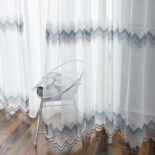 Ripple Embroidered Sheer Curtains for Bedroom Net Fabric Mint Blue Wave Lace Bottom Rustic French Window Drapes M230D