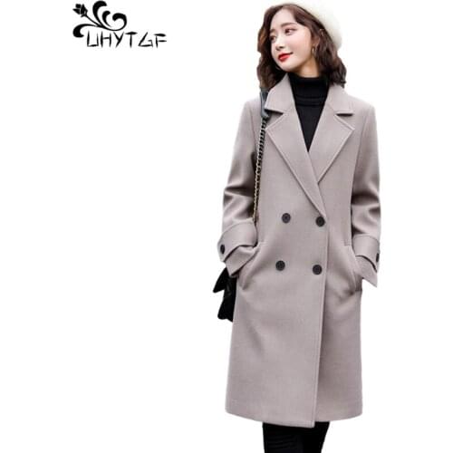 UHYTGF Plus size Womens Wool Coat Spring Autumn Woman Jacket Double breasted Woolen Long Coat Female Outerwear Chic Overcoat 962