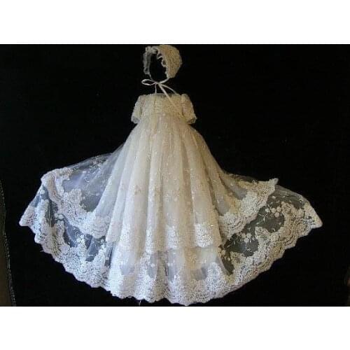 Gorgeous Beaded Blings White/Ivory Baptism Rope Christening Dress Baby Girls Boys Toddler Long Gowns 2 Layers With Bonnet
