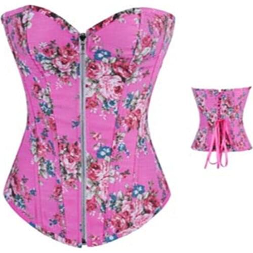 High Quality Boned Lace up Back Pink Corset Front Zipper Hot Sale Sexy Lingerie Top Floral Bustier Fashion Shapewear