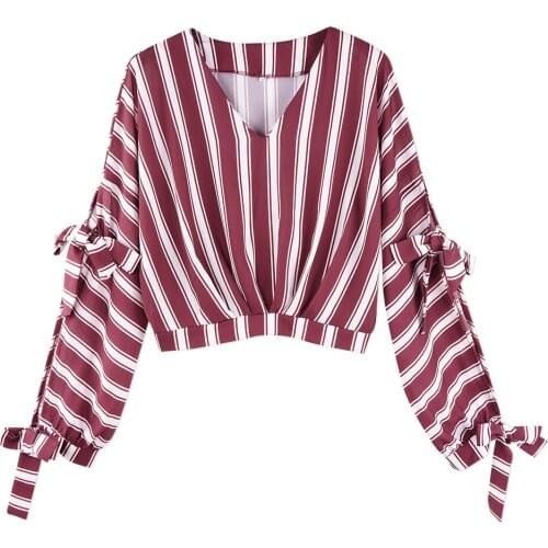 Neatie kiddie 2019 New V-neck Stripe OL Blouse Shirt Color Block Bandage Patchwork Long Sleeve Shirt Femme