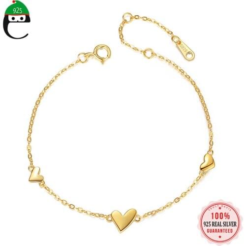 ElfoPlataSi 925 Real Sterling Silver 14K Gold Plated Simple Heart Chain Bracelet For Women Wedding Fine Gift Fine Jewelry L032