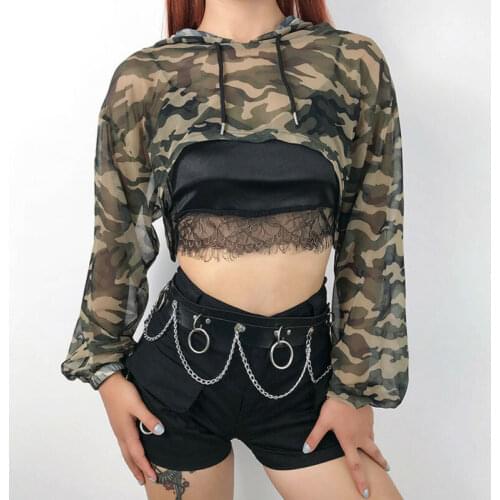 Women Sexy Mesh Perspective Camo Hoodies Crop Top Summer Long Sleeve Loose Casual Tees Shirt Sweatshirt Y2K E-Girls Streetwear