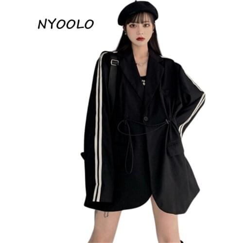 NYOOLO Classic Design Striped Patchwork Pockets Single Button Long Sleeve Blazer Jacket Women Clothes Autumn Elegant Black Coats