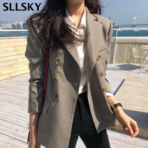 Sllsky Classic Plaid Women Blazers Double Breasted Notched Collar Slim Blazer 2020 New Style Spring Autumn Female Suits Coat