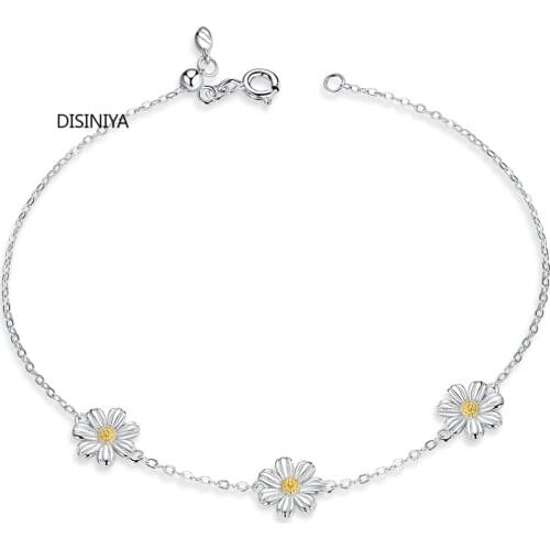 DISINIYA Daisy Flower Link Bracelet for Women Genuine 925 Sterling Silver Fresh Lovely Gifts Anti-allergy Gift Fine Jewelry