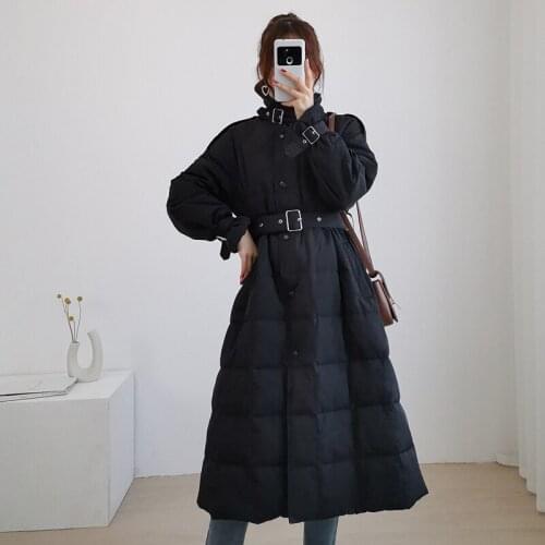 Bella Philoosphy Winter Down Jacket Female Long Waisted Sashes White Duck Coat dust coat
