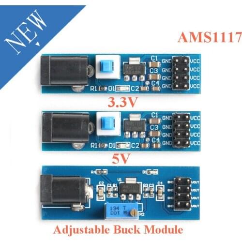 AMS1117 3.3V 5V Power Supply Module Adjustable Buck Step Down Output Voltage Interface Regulator Module with DC Jack Switch