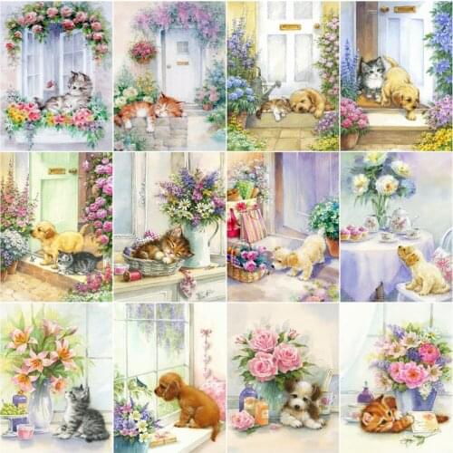 AZQSD 5D Diamond Painting New Arrivals Garden Cat Needlework Diamond Mosaic Landscape Cross Stitch Kits Decor For Home