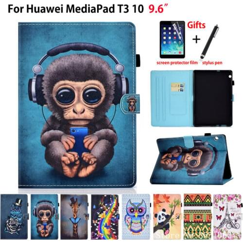 Case For Huawei MediaPad T3 10 AGS-L09 AGS-W09 AGS-L03 9.6" Cover Funda Cartoon monkey Silicon PU Leather Stand Skin Shell +Gift
