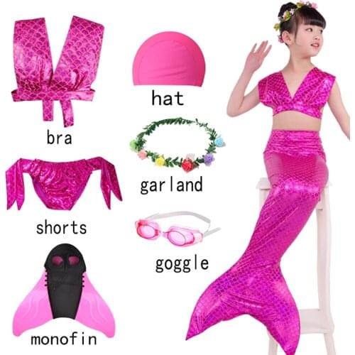 Kids Girls Mermaid Tails with Fin shorts garland hat Swimsuit Bathing Suits Dress for Girls With Flipper Monofin For Swimming