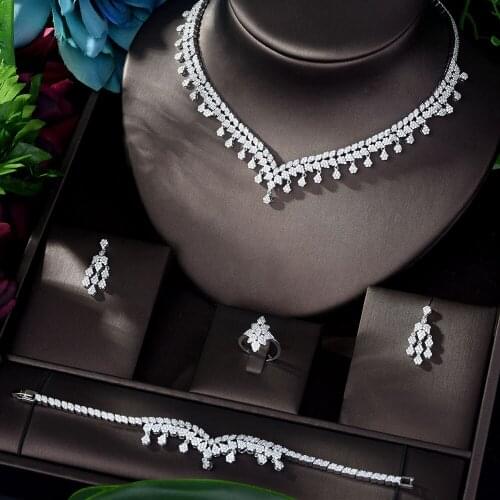 HIBRIDE Luxury White Color 4 pcs Set CZ Jewelry Sets for Women Wedding Necklace Earring Ring Bracelet Jewelry Accessories N-1163