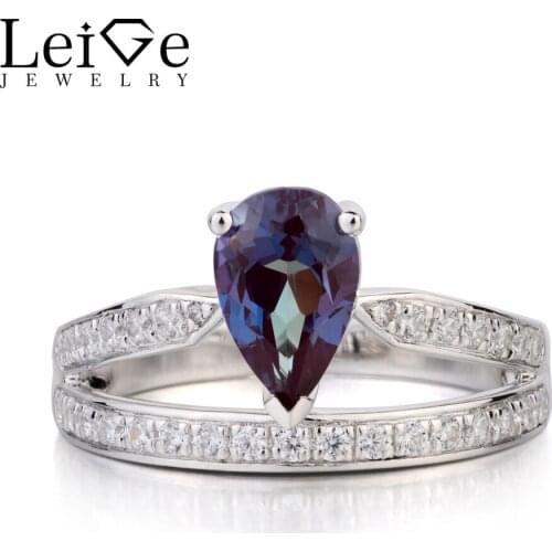 Leige Jewelry Lab Alexandrite Ring Pear Cut Engagement Rings Solid 925 Sterling Silver Color Changing Gemstone June Birthstone