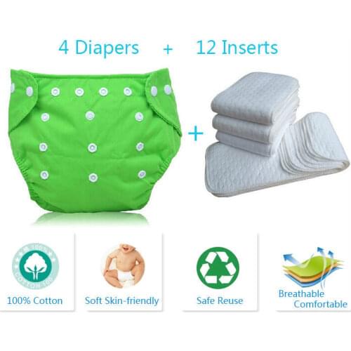 4 Diapers +12 Inserts Baby Newborn Adjustable reusable nappies Nappy inserts microfiber 3 layers Cloth Diaper paper