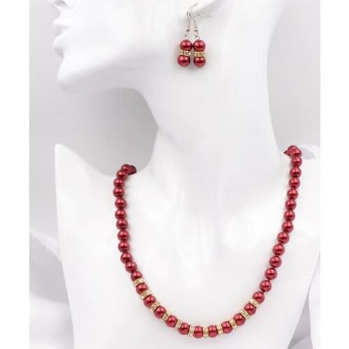 Trendy Jewelry Set for Women Red Glass Pearl Necklace Earrings 8mm Round Simulated Pearls Rhinestone Dangle Chain Sets 18" A625
