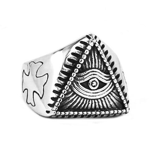 Illuminati Pyramid Eye Symbol Ring Stainless Steel Jewelry High Quality Cross Motor Biker Masonic Men Ring Wholesale SWR0519