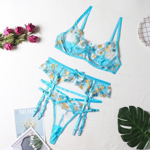 New 3-piece Bra Set Women Floral Embrodiery Lace Blue Lingerie Set Ladies Transparent Bra+ Thong Sexy Underwear