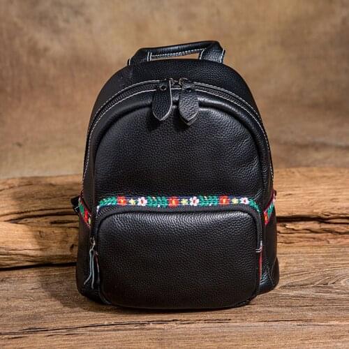 New Leather Women Backpack Simple Retro Leather Backpack Original Handmade Small Backpack Bag Zip Bag ID Bag Black Female Medium
