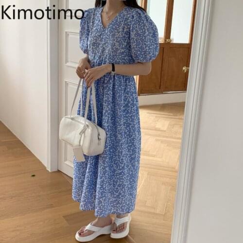 Kimotimo Floral Puff Sleeve Long Dress Women Korean Chic Temperament V-neck Lace-up Waist Dresses 2021 Summer Office Lady Femme