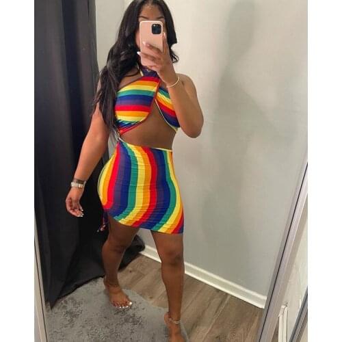 Sexy Rainbow Striped Tie Dye Halter Bodycon Dress Backless Womens Boobs Wrap Pencil Mini Dresses Party Night Clubwear Summer