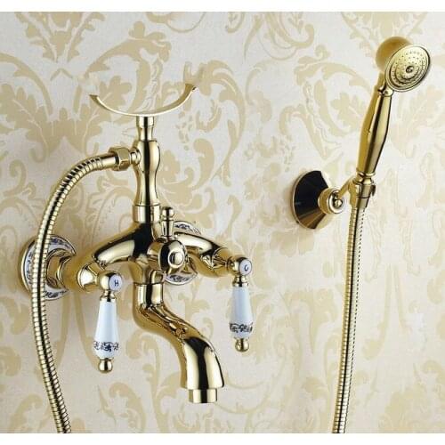 Modern Luxury Golden Brass Wall Mount Bathroom Tub Faucet Set with 1.5M Handheld Shower Spray Head Mixer Tap 2tf406