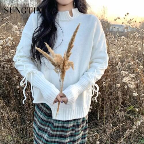 Sungtin Cross Lace Up Pullover Sweater Women Winter Loose Irregular Color Soft Knitted Sweater Female Fall Oversize Jersey Mujer