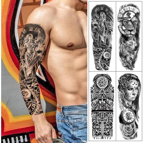 Old School Large Arm Sleeve Tattoo,Waterproof Full Temporary Tattoo Sticker Men Lion Body Art Tattoo For Men Girl