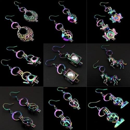 C-E649 Rainbow Drop Earrings Musical Note Earrings Cage Oyster Pearl Dangle Hook Earrings for Girl Friend DIY Jewelry