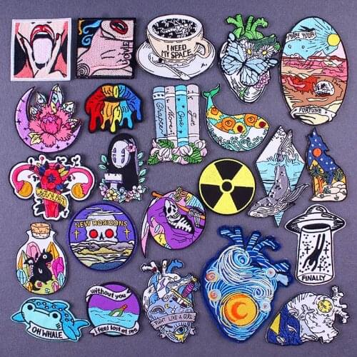 Van Gogh Embroidered Patches On Clothes Punk Skull Iron On Patches For Clothing Radiation Badge Hippie Applique On Clothes