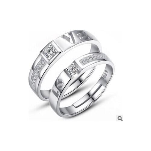 925 sterling silver jewelry fashion rings couple letters LOVE crystal rhinestone CZ Wedding Ring (one pair) free shipping