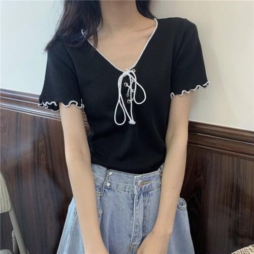 Lace-up V-neck T-shirt Women Knitted Short Sleeve Thin T-shirts Girls Crop Tshirt Tees Tops FL1670