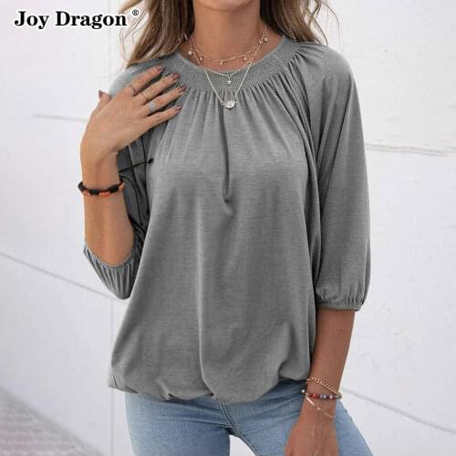 Women Autumn 2021 Round Collar Pullover Loose Solid Color Pleated Slim Tops Blouse T-shirts Plus Size New Clothes Lantern Sleeve